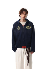 STARRVAINT Distressed Crest Zip-Up Hoodie