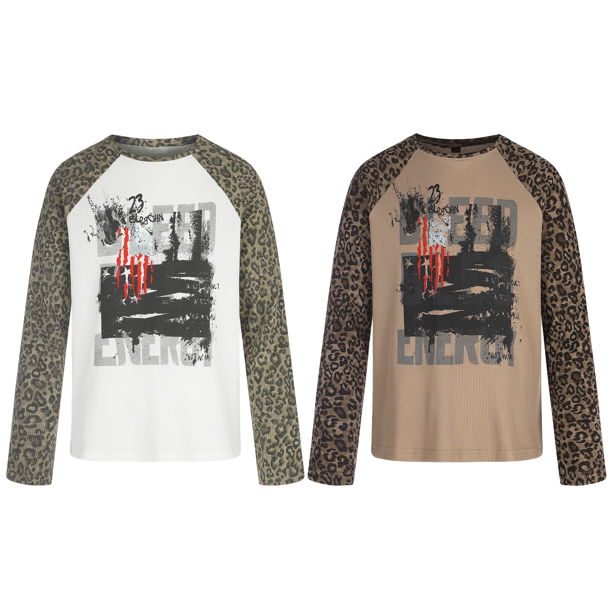 STARRVAINT Leopard Sleeve Graphic Waffle Long Sleeve T-Shirt