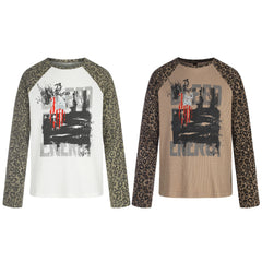 STARRVAINT Leopard Sleeve Graphic Waffle Long Sleeve T-Shirt