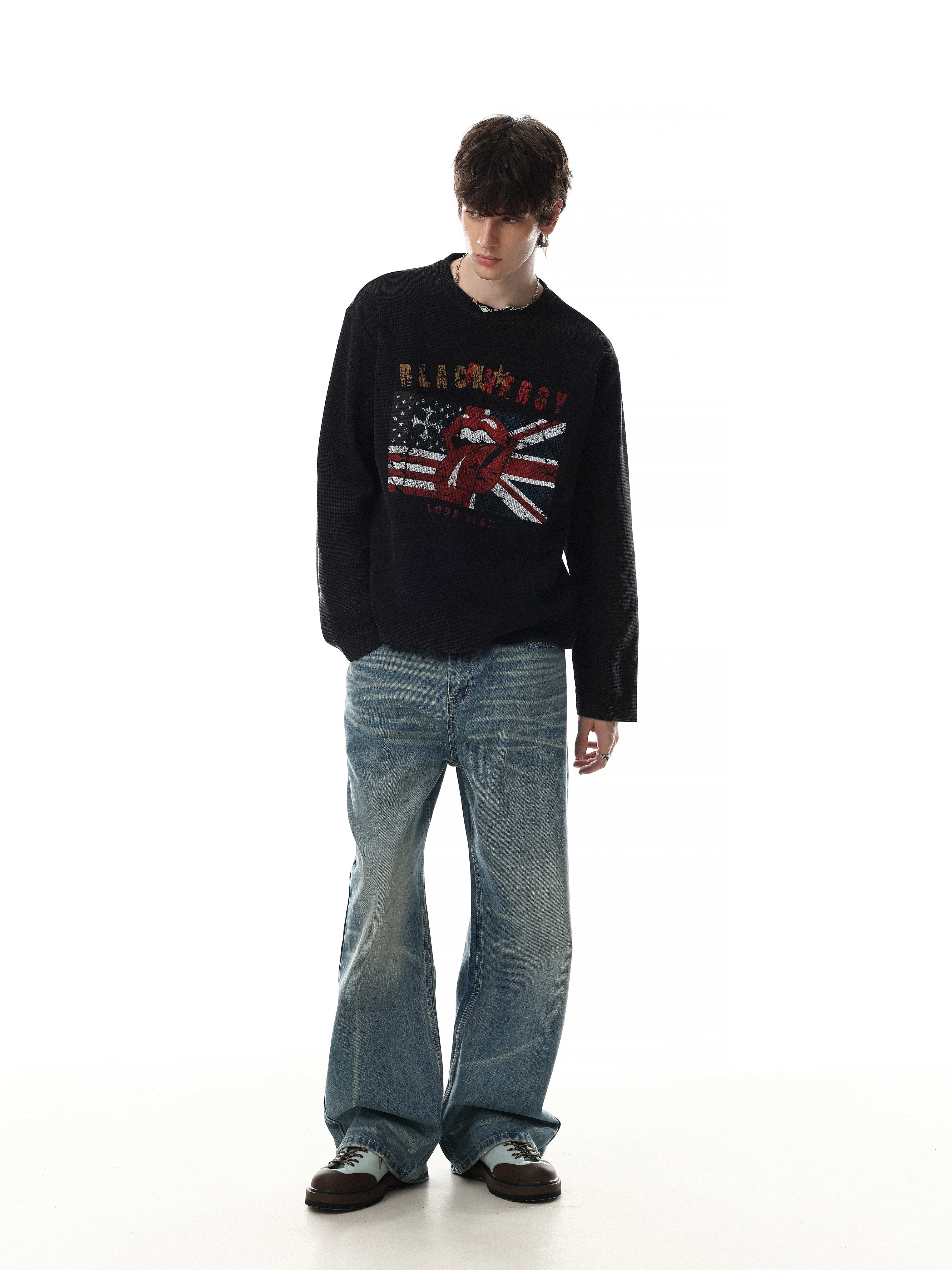 STARRVAINT Vintage Graphic Waffle Long Sleeve Tee