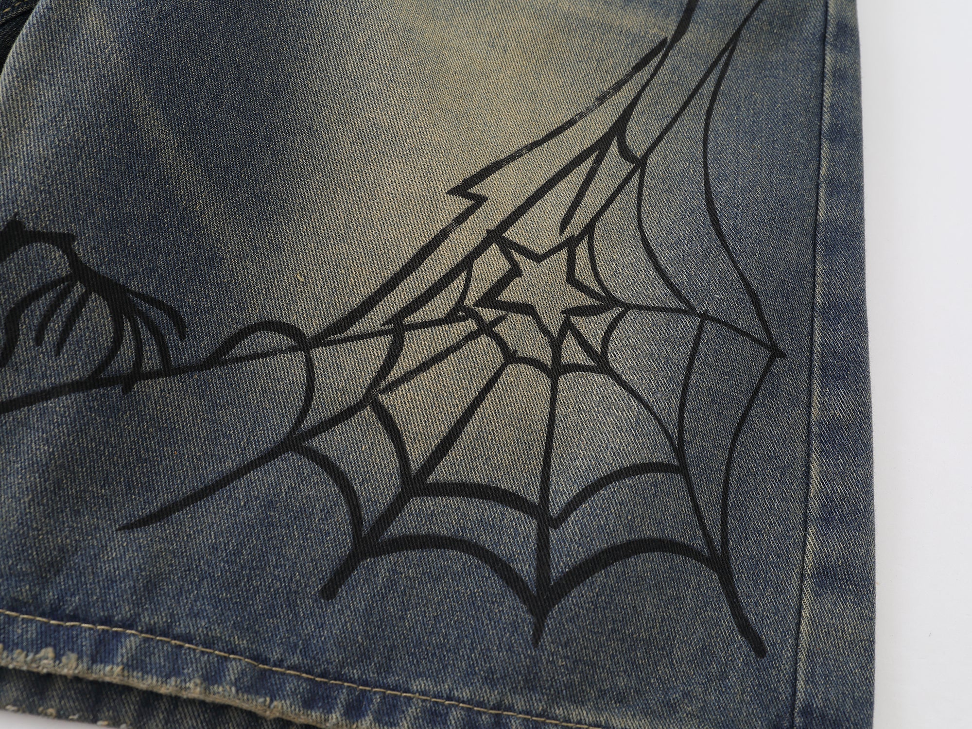 STARRVAINT Spiderweb Graphic Wide-Leg Denim Shorts
