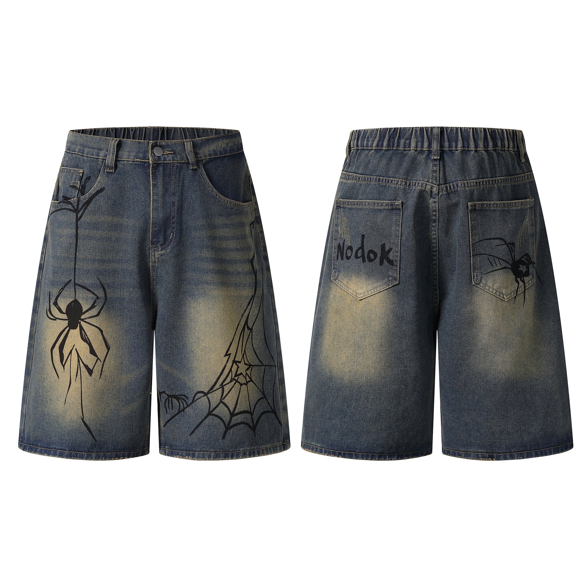 STARRVAINT Spiderweb Graphic Wide-Leg Denim Shorts